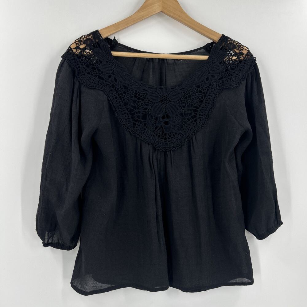 Poetry Peasant Blouse Womens Size S Black Crochet Lace Yoke Bohemian Boho